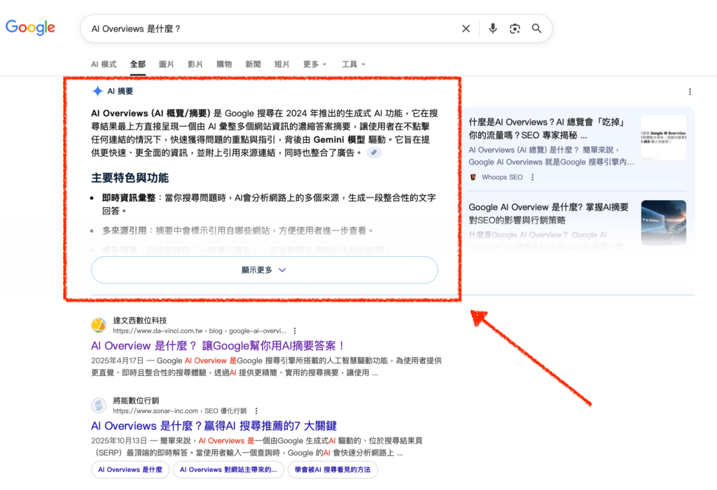 AI Overviews 出現在搜尋結果頁面最上方 AI Overviews 出現在搜尋結果頁面最上方
