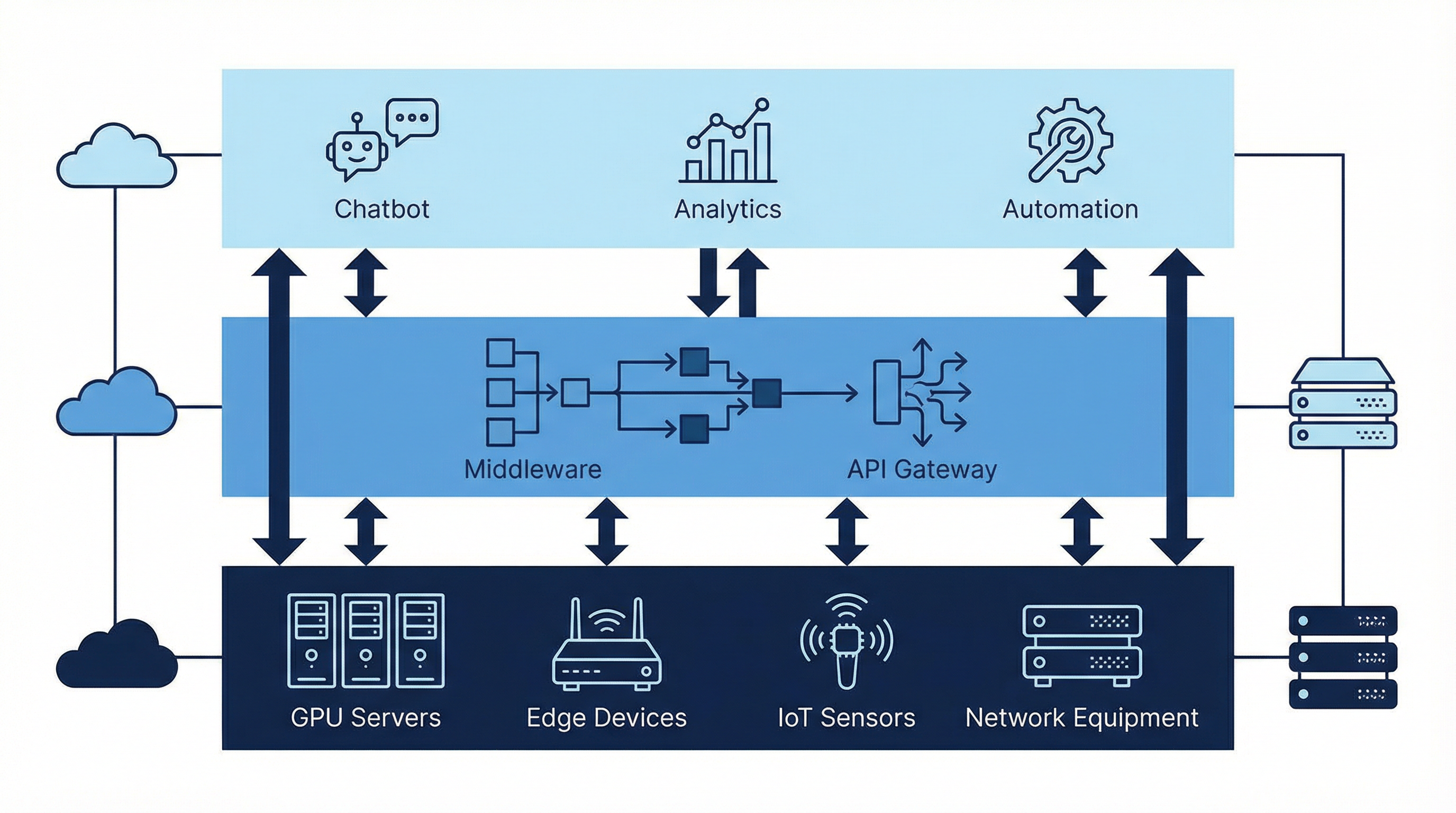 AI系統三層架構：軟體應用層、中介層與硬體基礎設施層