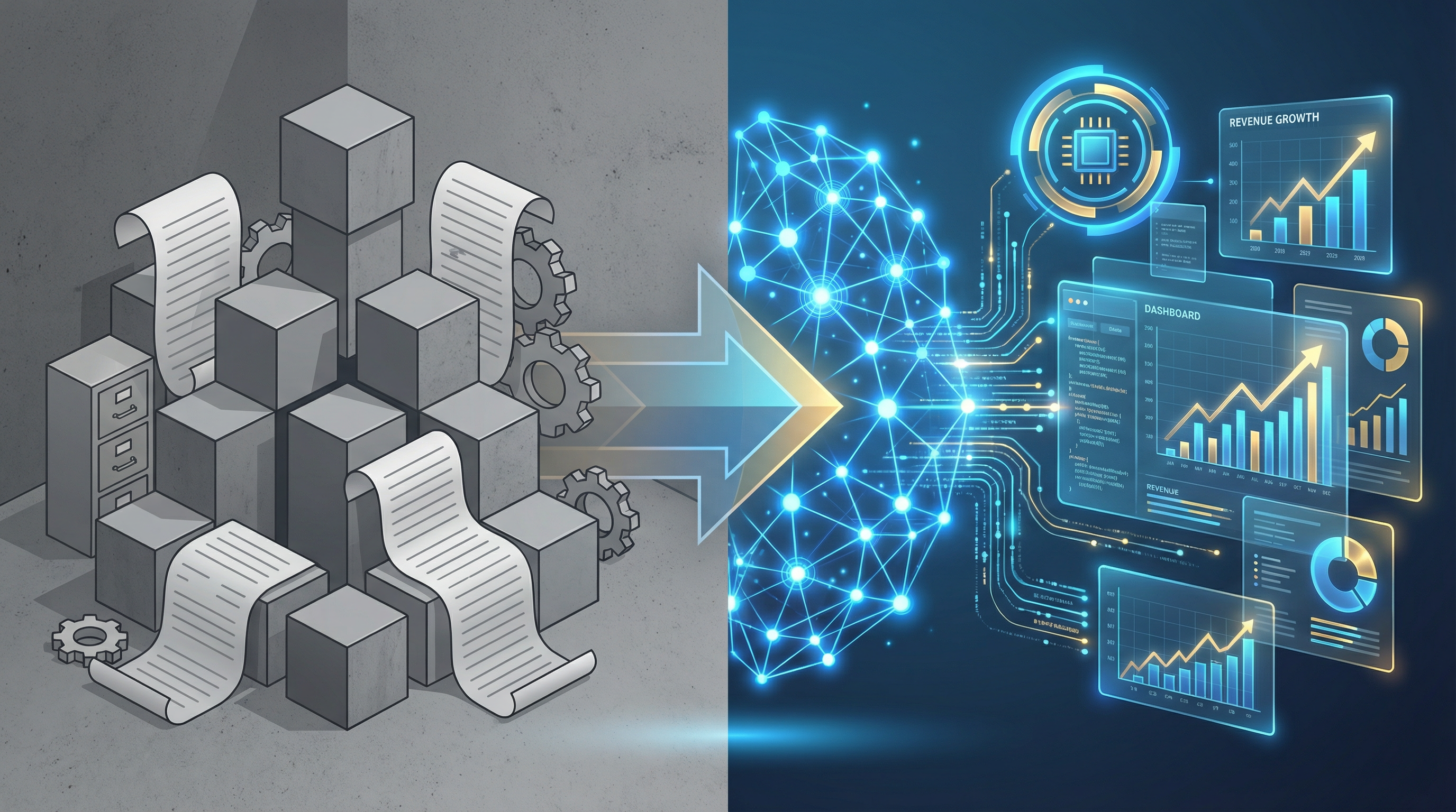 傳統商業模式轉型為AI驅動商業模式的對比示意圖