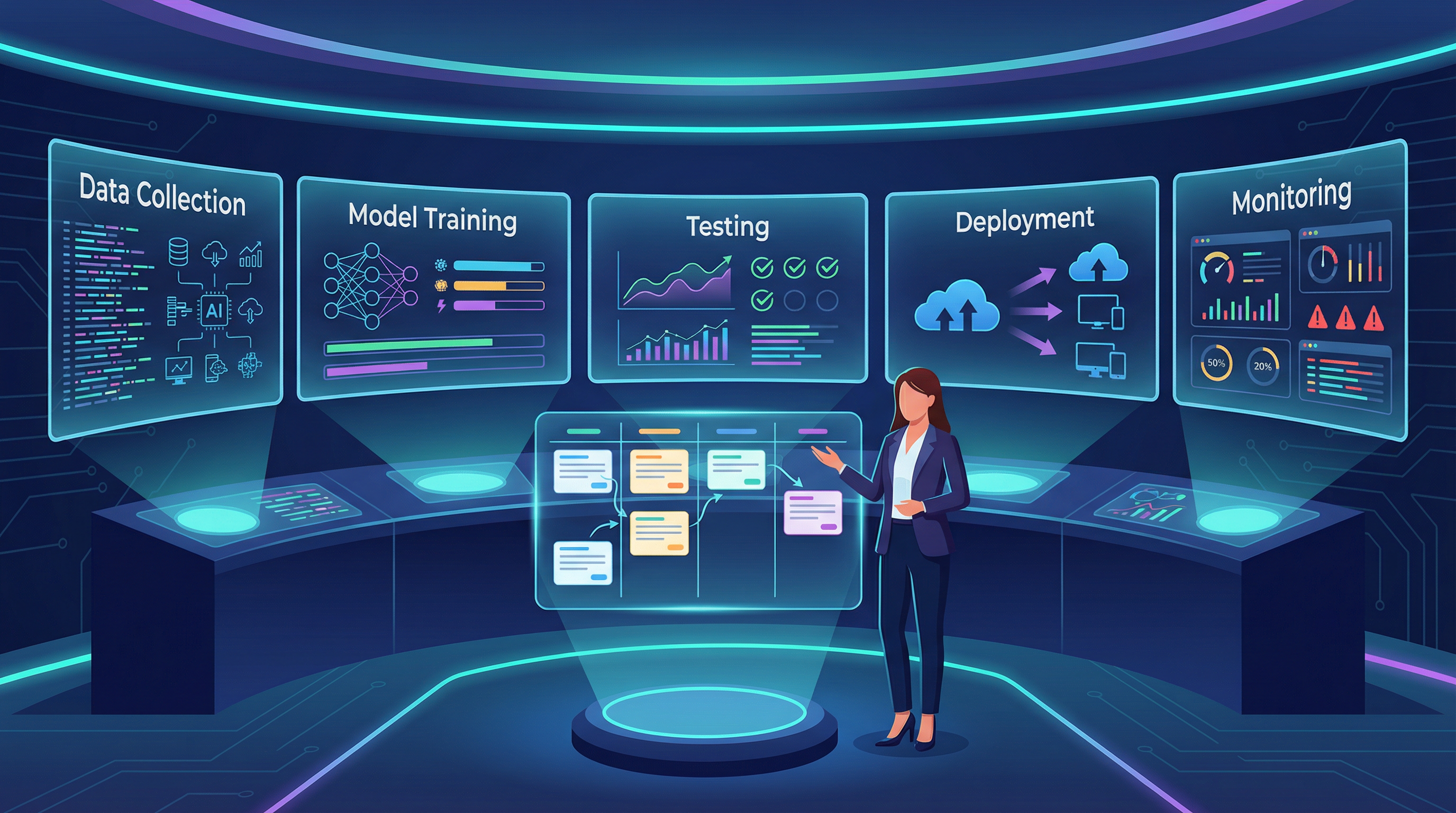 AI開發流程顧問在控制室中管理AI專案開發各階段