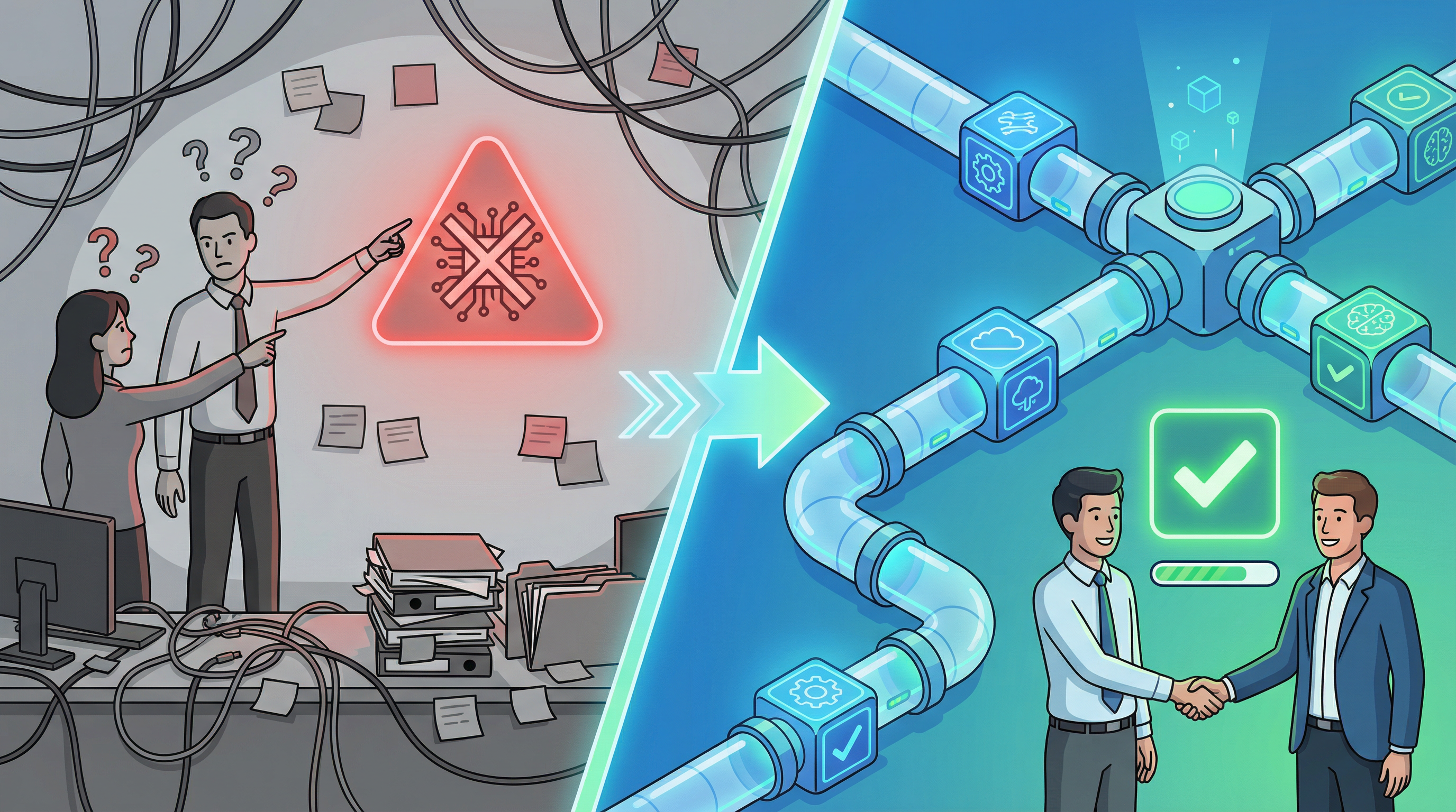 混亂的傳統AI開發流程與優化後的標準化流程對比