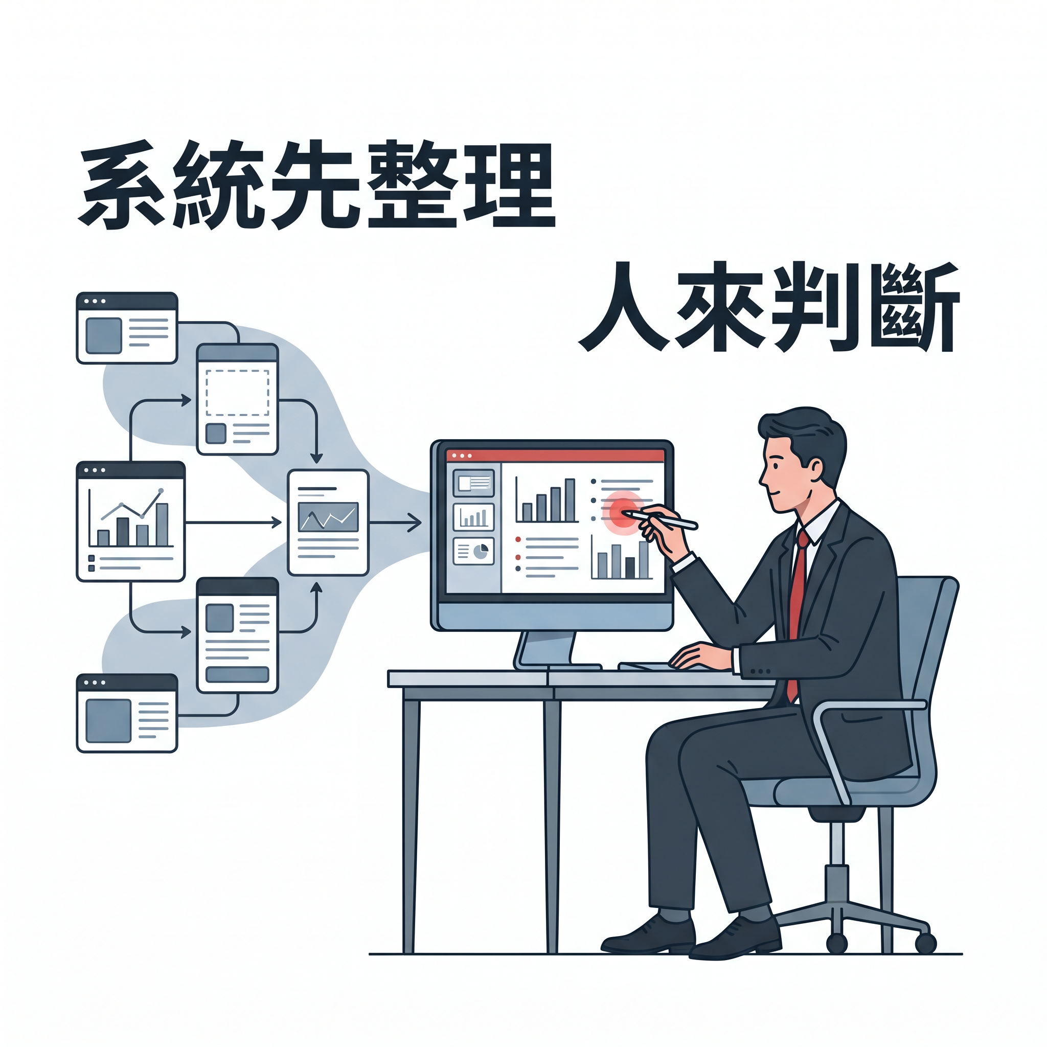 企業使用AI簡報工具與人工判斷分工示意圖