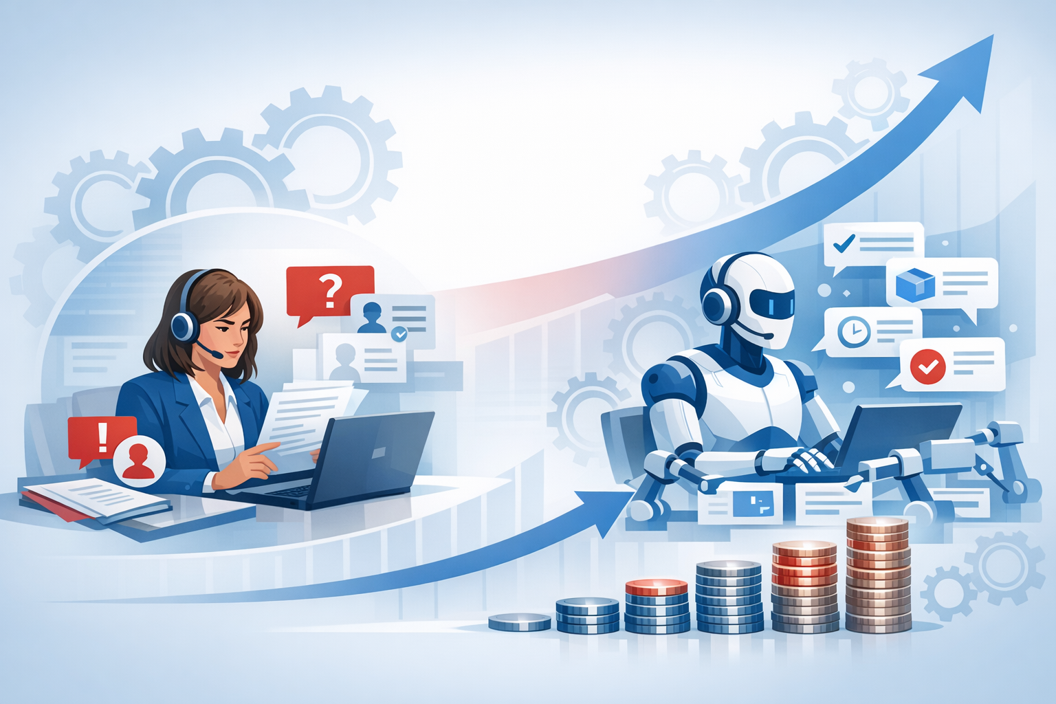 AI 客服處理重複問題、真人專注高價值案件的人機協作示意圖